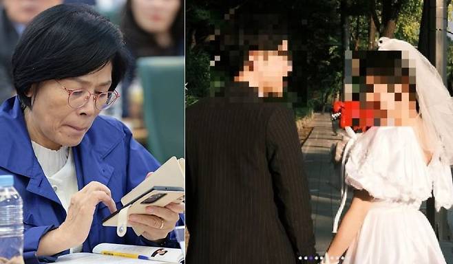 최민희 국회 과방위원장(왼쪽), 최위원장 딸 정모씨의 웨딩 스냅 사진. 뉴시스, SNS
