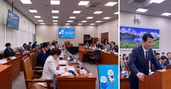 ㈜이민법인 대양 관계자들이 한·미 전·현직 국회의원들과 미국 비자 정책과 협력 방안에 대해 논의하고 있으며, 정만석 미국 변호사가 이에 대한 기조 발제를 하였다.