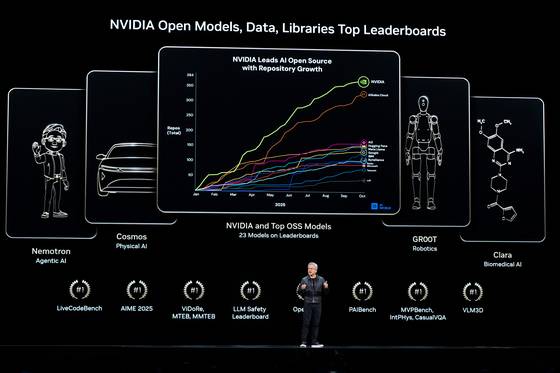 Nvidia CEO Jensen Huang speaks on how AI infrastructure and AI factories that generate intelligence at scale are powering a new industrial revolution, at the Washington Convention Center on Oct. 28 in Washington, D.C. [AP/YONHAP]