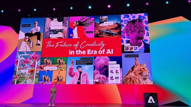 샨타누 나라옌 어도비 최고경영자(CEO)가 28일(현지시간) 미국 캘리포니아주 로스앤젤레스(LA)에서 열린 ‘어도비 맥스 2025’에서 오프닝 키노트를 하고 있는 모습. <사진=고민서 기자>