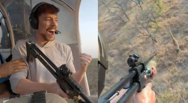 유튜버 '미스터 비스트'가 헬리콥터를 타고 야생 기린에게 다트 총을 쏘는 영상이 소셜미디어(SNS)에 공개돼 온라인에서 화제를 모으고 있다.