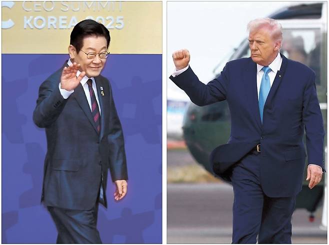 29일 경북 경주예술의전당에서 열린 ‘APEC CEO(최고경영자) 서밋’ 개회식에서 특별연설을 하고 있는 이재명 대통령(왼쪽 사진). 같은 날 APEC 참석차 일본 도쿄 하네다공항에서 전용헬기 마린원에서 내려 에어포스원으로 향하는 도널드 트럼프 미국 대통령.  경주=임세준 기자·로이터