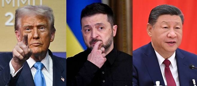 왼쪽부터 도널드 트럼프 미국 대통령, 볼로디미르 젤렌스키 우크라이나 대통령, 시진핑 중국 국가주석. AP, AFP 연합뉴스 자료사진
