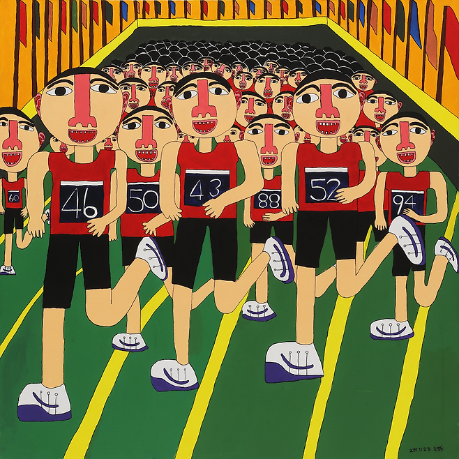 ▲&nbsp;최명은 마라톤 캔버스에 아크릴릭, 91x91cm, 2019. /사진제공=경기문화재단