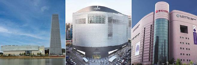 대전 백화점. 왼쪽부터 대전신세계 Art&Science, 갤러리아백화점 타임월드, 롯데백화점 대전점.