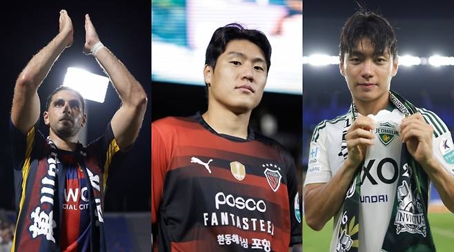 (왼쪽부터) 수원FC 싸박, 포항 이호재, 전북 전진우. 사진=프로축구연맹