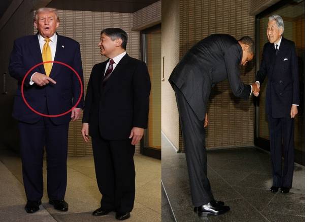 도널드 트럼프 미국 대통령이 나루히토 일왕에게 손가락질하는 사진(왼쪽)과 버락 오바마 전 미국 대통령이 아키히토 전 일왕에게 허리 숙여 인사하는 모습. AP 뉴시스 연합뉴스