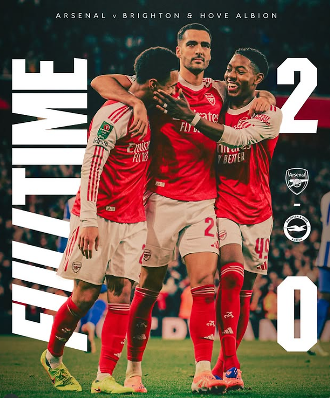 아스널은 30일(한국시간) 영국 런던의 에미레이츠 스타디움에서 벌어진 브라이턴과&nbsp;카라바오컵 16강 홈경기에서 2-0 완승을 거뒀다. 대대적 로테이션을 가동하며 영건들에게 기회를 주고도 따낸 승리라 의미를 더했다. 사진출처│아스널 인스타그램