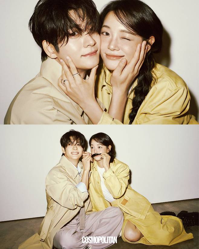 (강태오)트렌치코트, 셔츠, 팬츠, 타이 모두 Dior Men. 스니커즈 Converse. (김세정)재킷, 스커트, 슈즈 모두 Longchamp. 이너 톱, 반지 스타일리스트 소장품.