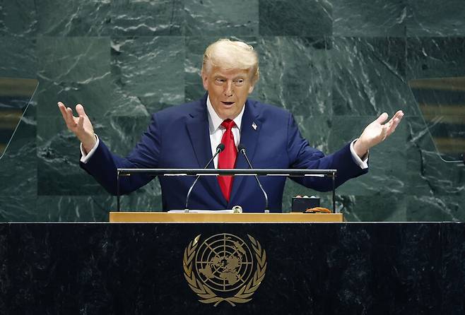 도널드 트럼프 미국 대통령이 지난 9월23일 미국 뉴욕에서 열린 제80차 유엔 총회에서 기조 연설을 하고 있다. UPI 연합뉴스