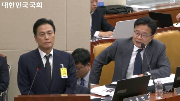 ▲2025년 10월 23일 국회 과학기술정보방송통신위원회 국정감사에 출석한 한경천 KBS 예능센터장(왼쪽)과 그에게 질의하는 김우영 더불어민주당 의원. 사진=국회의사중계시스템