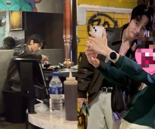 그룹 방탄소년단의 정국이 고깃집에서 혼자 식사하는 모습(왼쪽)과 목격한 팬과 인증샷을 찍는 모습이 포착돼 화제가 됐다. 온라인 커뮤니티
