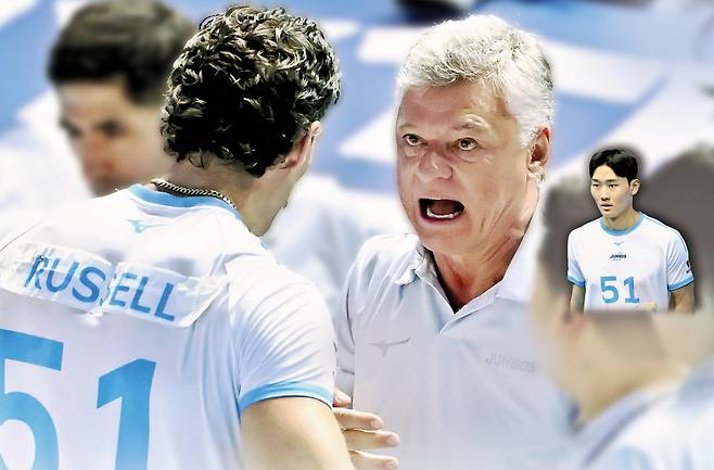 대한항공 카일 러셀이 지난 23일 한국전력과 경기에서 이름표를 덧댄 유니폼을 입고 경기하며 헤난 달 조토 감독의 지시를 받고 있다. 대한항공 김관우(작은사진)도 이날 ‘이름표 유니폼’을 입고 경기를 뛰었다. KOVO 제공