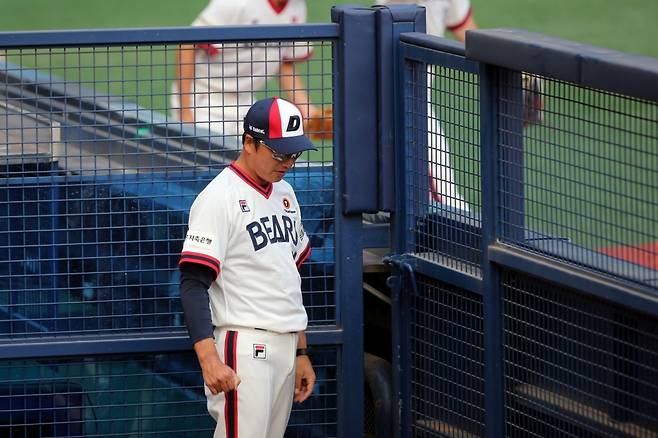 두산 코치 시절, 정재훈 투수코치의 모습. /사진=두산 베어스 제공