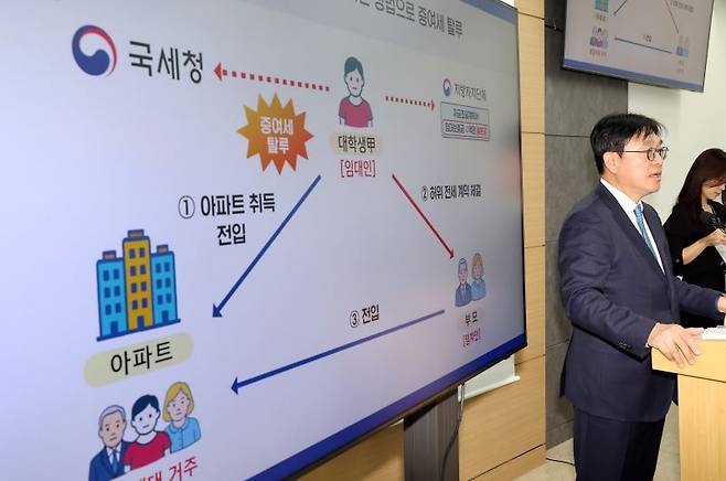 오상훈 국세청 자산과세국장이 30일 세종시 정부세종2청사에서 자금조달계획서 실시간 공유로 부동산 탈세 추징 사례와 부동산 탈세 신고센터 설치에 대해 브리핑 하고 있다. [사진 | 뉴시스]