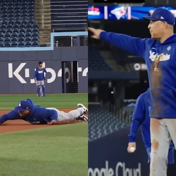 데이브 로버츠 LA 다저스 감독이 김혜성과 달리기 시합을 하던 중 넘어졌다. /사진= MLB 공식 채널 캡쳐