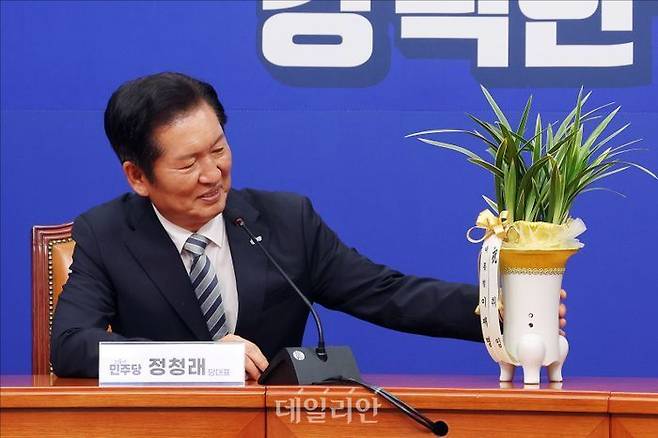 정청래 더불어민주당 신임 대표가 지난 4일 오후 서울 여의도 국회에서 우상호 대통령실 정무수석으로부터 이재명 대통령이 보낸 취임 축하 난을 전달 받은 뒤 보고 있다. ⓒ데일리안 홍금표 기자