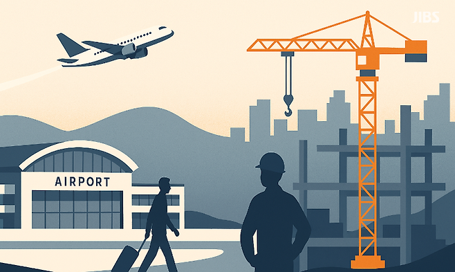 공항의 속도와 멈춘 건설 현장을 대비적으로 표현한 제주 경제 편집 이미지.