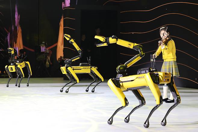 Violinist Kim Yeon-ah performs with robot dogs from Hyundai Motor-backed Boston Dynamics at the APEC summit gala dinner in Gyeongju, North Gyeongsang, on Oct. 31. [YONHAP]