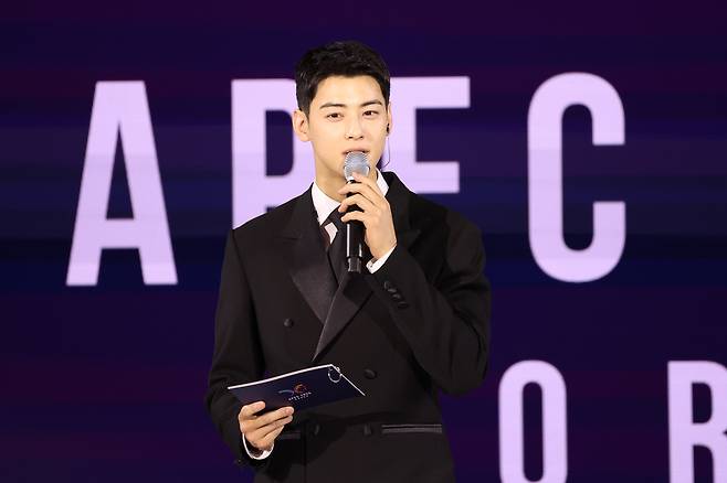 Actor and singer Cha Eun-woo hosts the APEC summit gala dinner at the Lahan Select hotel in Gyeongju, North Gyeongsang, on Oct. 31. [YONHAP]