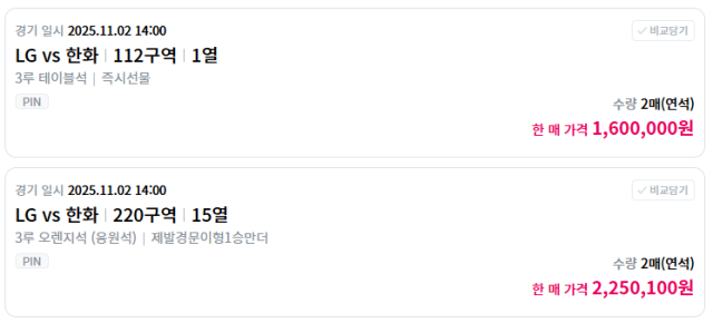 티켓베이에서 판매 중인 한국시리즈 암표. 티켓베이 갈무리