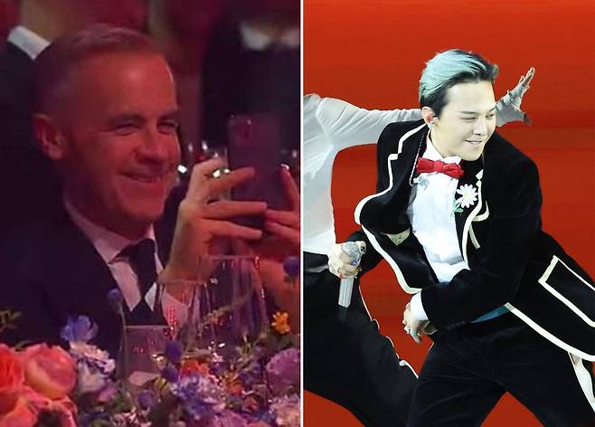 마크 카니 캐나다 총리(왼쪽)가 APEC 정상회의 환영 만찬에서 지드래곤의 공연을 휴대전화로 촬영하고 있다. 라이브 중계 캡처