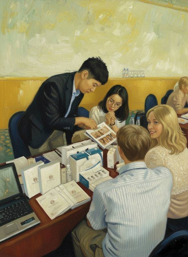 최영 작가가 인공지능 제미니(제미나이, Gemini)에 김화장(가명)씨가 바이어와 미팅하는 사진을 제공하고 “이 사진을 유화로 바꿔줘”라는 지시어를 입력해 생성한 이미지. 인물과 제품이 식별되지 않도록 재구성.