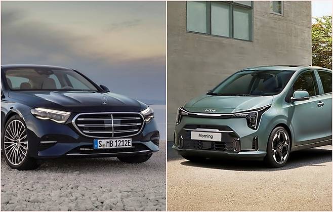 국내에서 가장 인기높은 수입차인 벤츠 E클래스(왼쪽)와 현재 판매되는 경차 중 가성비가 높은 기아 모닝 [사진출처=벤츠, 기아/ 편집=최기성 매경 디지털뉴스룸 기자]