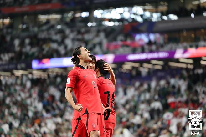 지난해 1월 아시아축구연맹(AFC) 아시안컵 사우디아라비아전 득점 이후 포효하고 있는 조규성. /사진=대한축구협회 제공