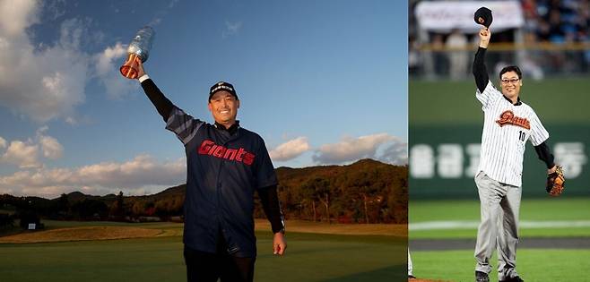 43세 9개월 나이로 KPGA 투어 최고령 첫 승 기록을 남긴 김재호. 아버지 김용희 프로야구 롯데 2군 감독의 이름이 새겨진 유니폼을 입고 나왔다. 김용희 감독은 현역 시절 '미스터 올스타'로 이름을 날렸다. KPGA 제공