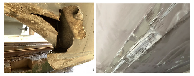 한강버스 102호가 지난 5월 16일 잠실 선착장 접근항로에서 구조물 충돌로 선박 좌측 하부가 찢어져 있는 모습. 이병진 의원실 제공.