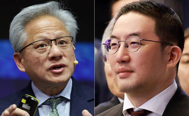 지난달 31일 방한해 APEC CEO 서밋서 기조 연설을 하고 있는 젠슨 황 엔비디아 CEO(왼쪽), 지난 1일 경북 소노캄 경주 그랜드볼룸에서 열린 한중 국빈만찬에 참석한 구광모 LG그룹 회장. /사진=뉴시스