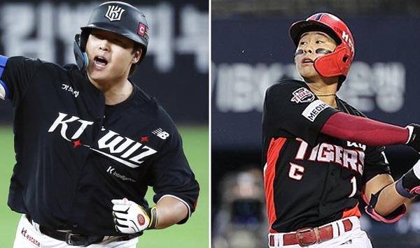 KT 강백호(왼쪽)와 KIA 박찬호는 올해 FA 영입 1순위로 손꼽힌다. 롯데가 내년 시즌을 앞두고 FA에 통 큰 투자를 할지 관심이 모인다.  KT 제공·연합뉴스