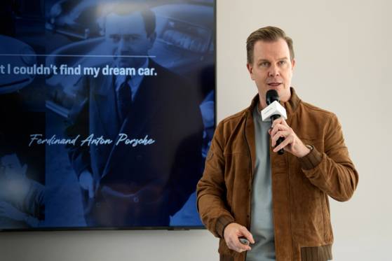 Porsche Korea CEO Mathias Busse speaks during a test drive session for the Korean press in Jeju on Oct. 28. [PORSCHE KOREA]
