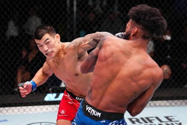 고석현(왼쪽)이 2일 로와 경기에서 묵직한 펀치를 날리고 있다. /UFC 제공