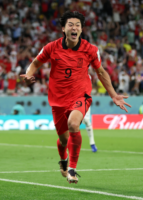 조규성이 2022 카타르월드컵 조별리그 가나전에서 골을 넣은 뒤 기뻐하고 있다. 게티이미지코리아