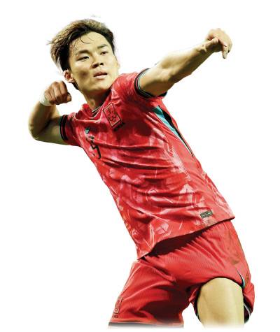 오현규가 지난달 14일 서울월드컵경기장에서 열린 파라과이전에서 골을 넣은 뒤 세리머니를 하고 있다. 연합뉴스