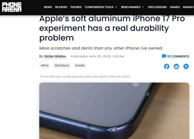 폰아레나는 아이폰17 프로를 한 달 사용 후 기기 측면에 긁힘과 패인 자국이 많이 생겼다고 지적했다. (사진=폰아레나 사이트 갈무리)