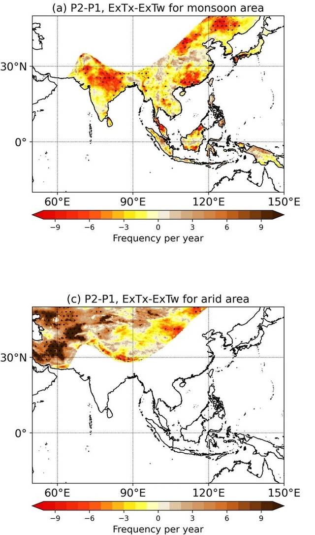 한반도를 포함한 몬순지역(습한 폭염)과 중앙아시아 건조지역(건조 폭염)의 폭염 현상이 각기 다른 양상을 보이고 있다. GIST 제공.