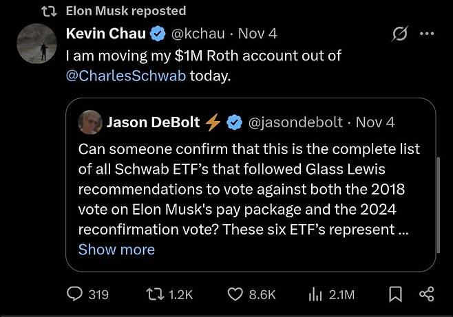 일론 머스크 테슬라 CEO는 "찰스슈왑 계좌에서 돈을 빼겠다"라는 X 게시물을 자신의 계정에 재게시했다.