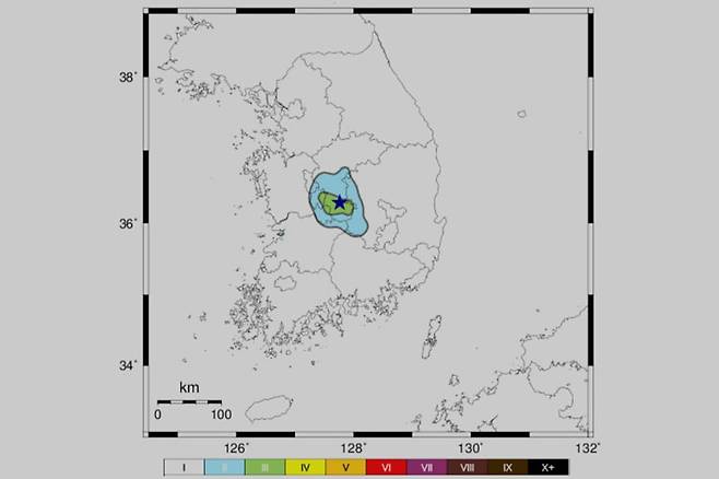 This photo shows a seismic intensity map pinpointing the earthquake's epicenter in Okcheon, North Chungcheong Province, when a magnitude 3.1 earthquake broke out in the county on Oct. 8. (Korea Meteorogical Administration)