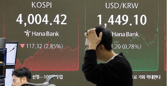 코스피가 급락한 5일 서울 중구 하나은행 본점 딜링룸에서 딜러가 업무를 보고 있다.(사진=연합뉴스)
