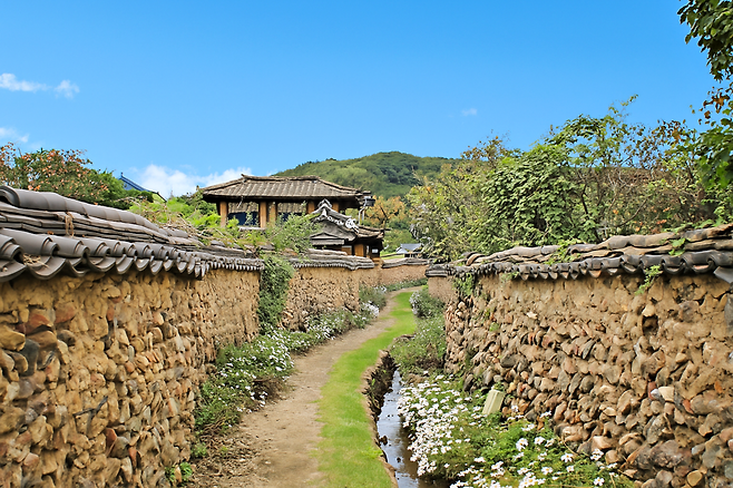 Samjinae Village with a stream flowing along the wall