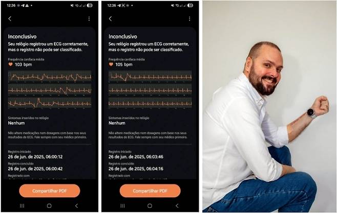 갤럭시 워치 착용한 호베르투 갈라르트(오른쪽)와 그의 심전도 측정 데이터 [삼성전자 중남미총괄 제공. 재판매 및 DB 금지]