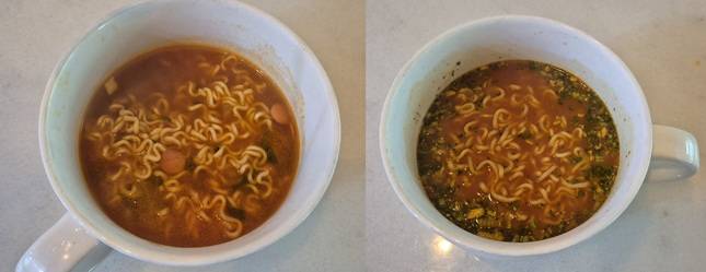 기존 삼양라면(왼쪽)과 삼양라면1963(오른쪽). 국물 색깔과 건더기의 양과 종류 등에서 차이가 크다./사진=김아름 기자 armijjang@
