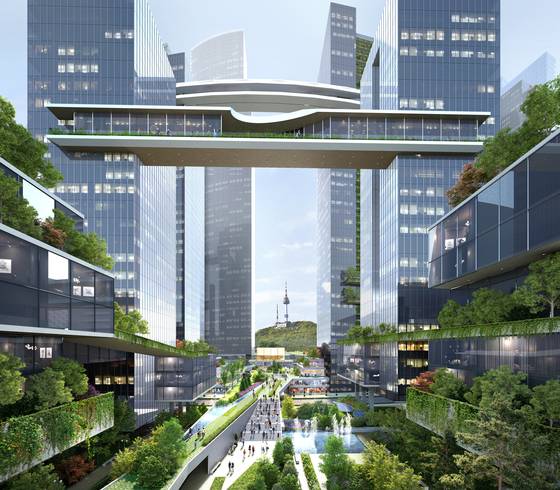A rendered image provided by the Seoul city government on Monday features the green corridor, or the green area, extending from the international business zone to the neighboring area below the footbridge that connects the 45th floors of buildings called the sky trail. [SEOUL METROPOLITAN GOVERNMENT]