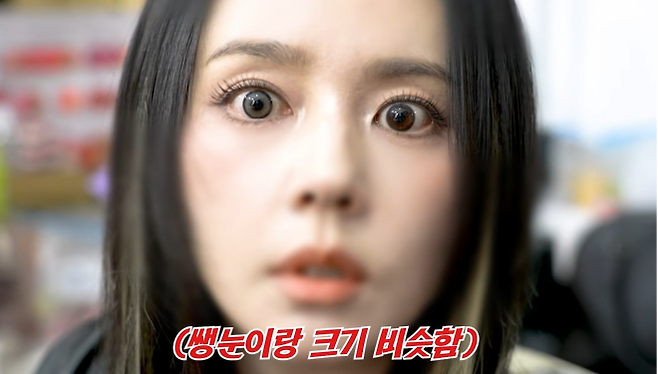 한가인이 자신보다 작은 써클렌즈를 직접 착용해보이며 놀라운 눈 크기를 증명했다. 사진=한가인 유튜브 채널