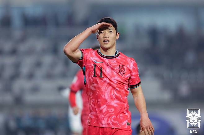 지난 3월 오만전 득점 이후 골 세리머니를 하고 있는 대한민국 축구대표팀 공격수 황희찬. /사진=대한축구협회 제공