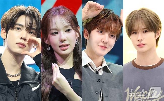 2026 수능에 응시하는 아이돌 제로베이스원 한유진(왼쪽부터), 이즈나 유사랑, 킥플립 동현, 투어스 경민ⓒ 뉴스1