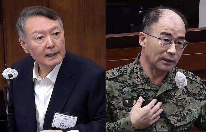 윤석열 전 대통령과 곽종근 전 특수전사령관이 지난 3일 서울중앙지법에서 열린 윤 전 대통령의 내란 우두머리·직권남용 권리행사 방해 혐의 사건 재판에서 대면하고 있다. 서울중앙지법 제공